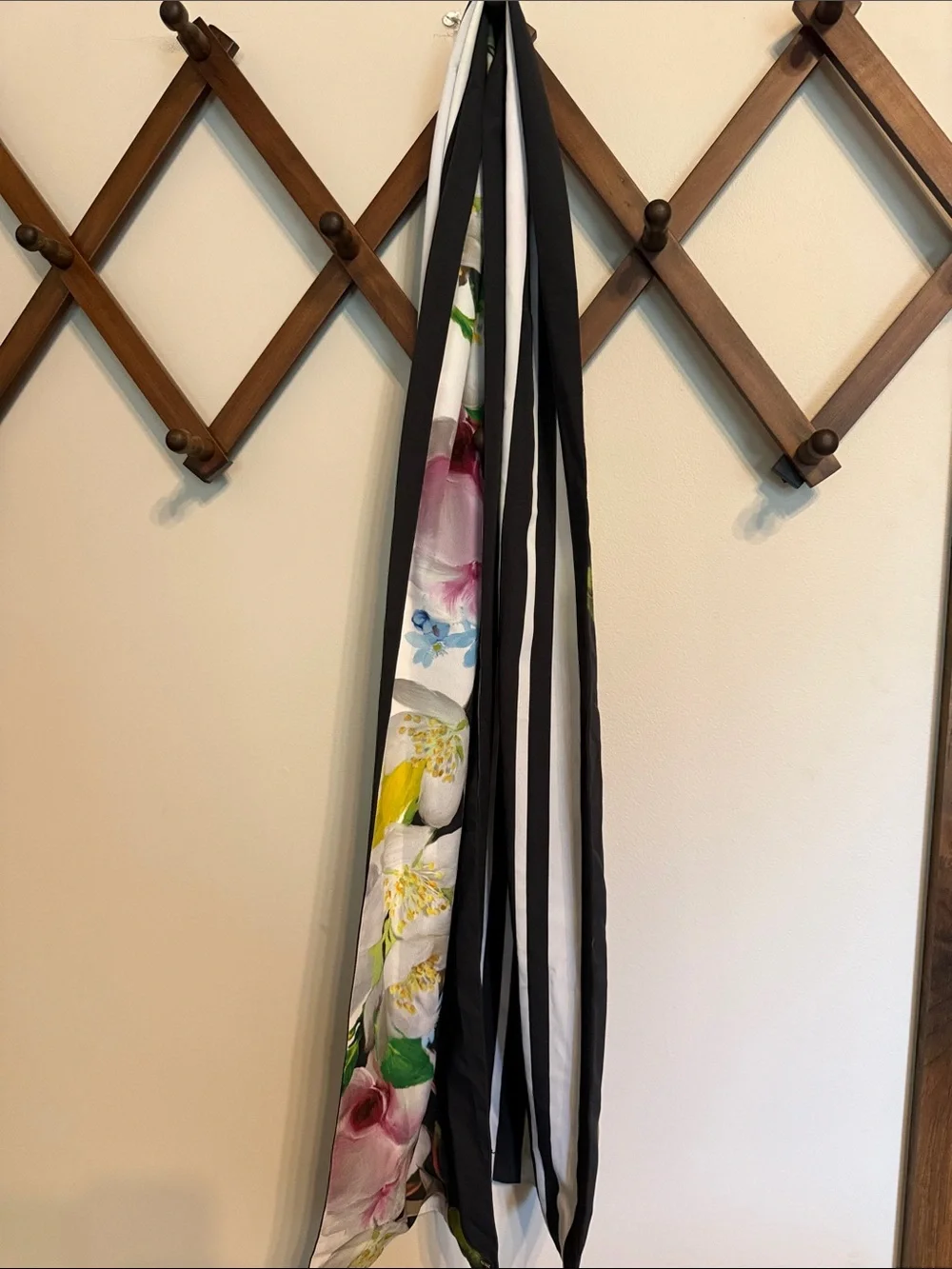 Ted Baker Black Floral Silk Scarf Runner with Pink White Yellow Green Accents